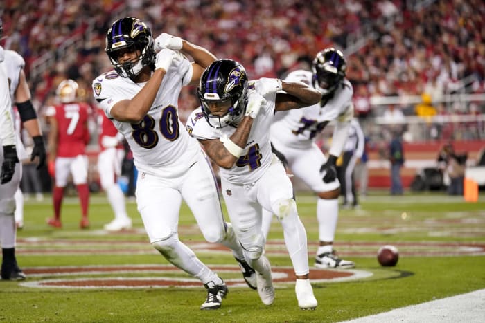Isaiah Likely has started seven games at tight end for the Baltimore Ravens this season.